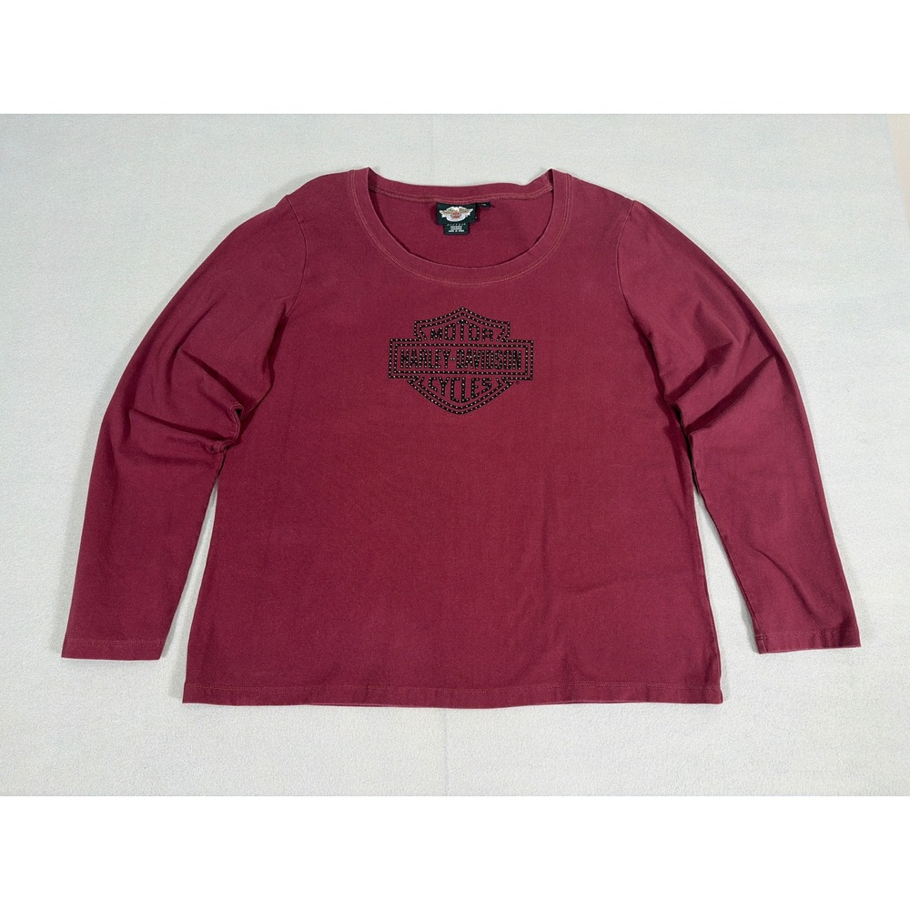 Harley-Davidson Womens 1W Burgundy Long Sleeve Studded Logo Scoop Neck Top